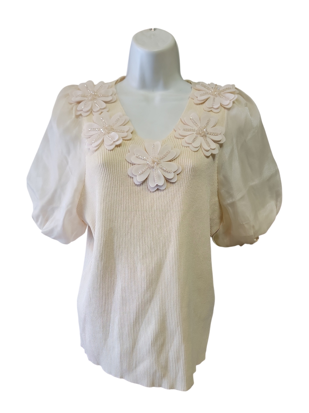 Cocoblue Women’s Cream Floral Applique Puff Sleeve Top
